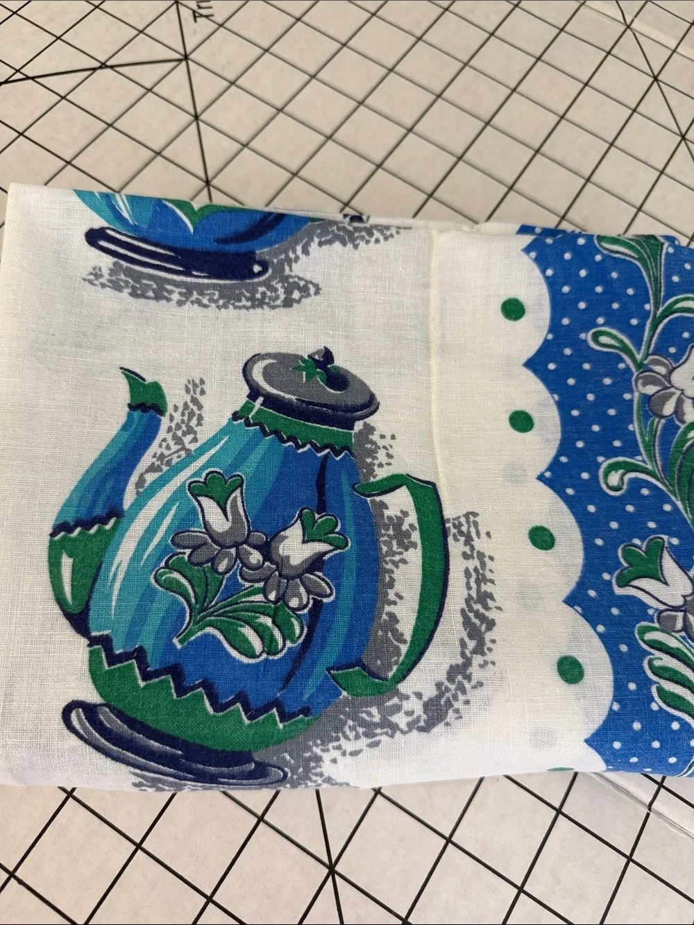 Vintage 1970s Handmade Blue Green Kitchen Tablecloth 42x36 Coffee Pot Sugar Bowl